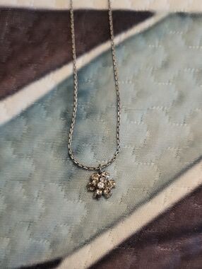 Silver Floral Cluster Pendant Necklace - White Crystal